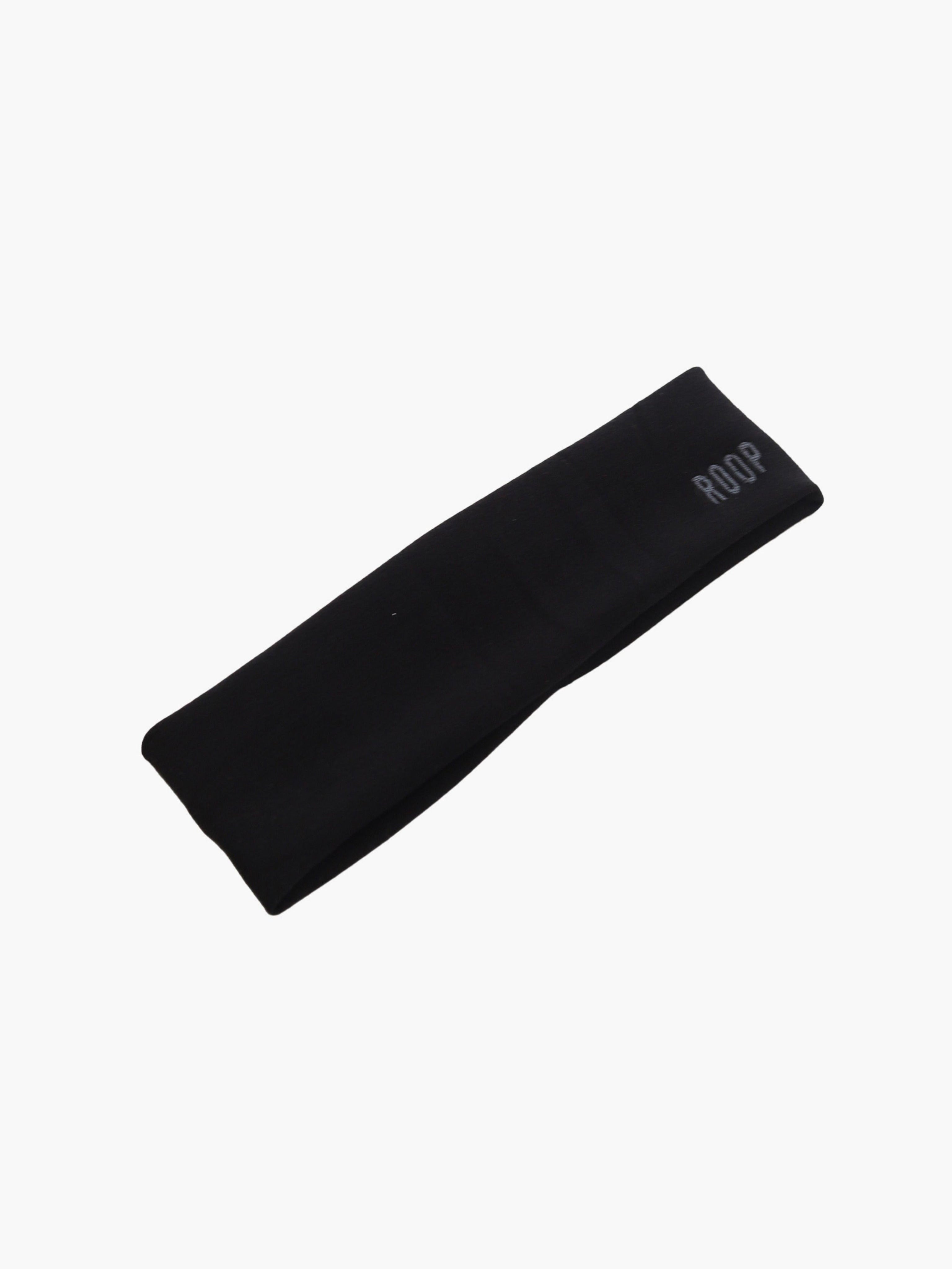 black stretch headband with ROOP embroidery on white background