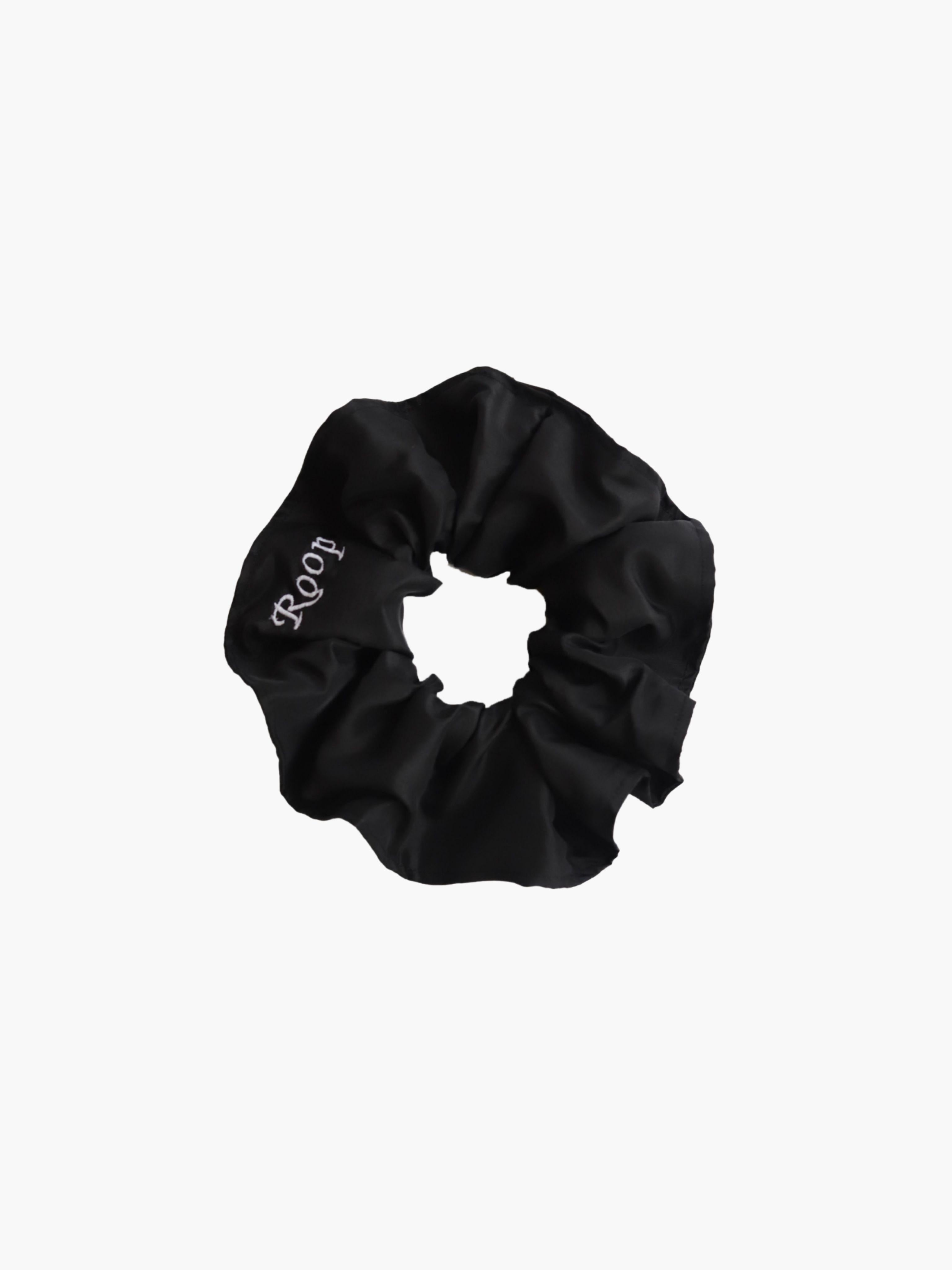 Black taffeta scrunchie with 'ROOP' branding on a white background