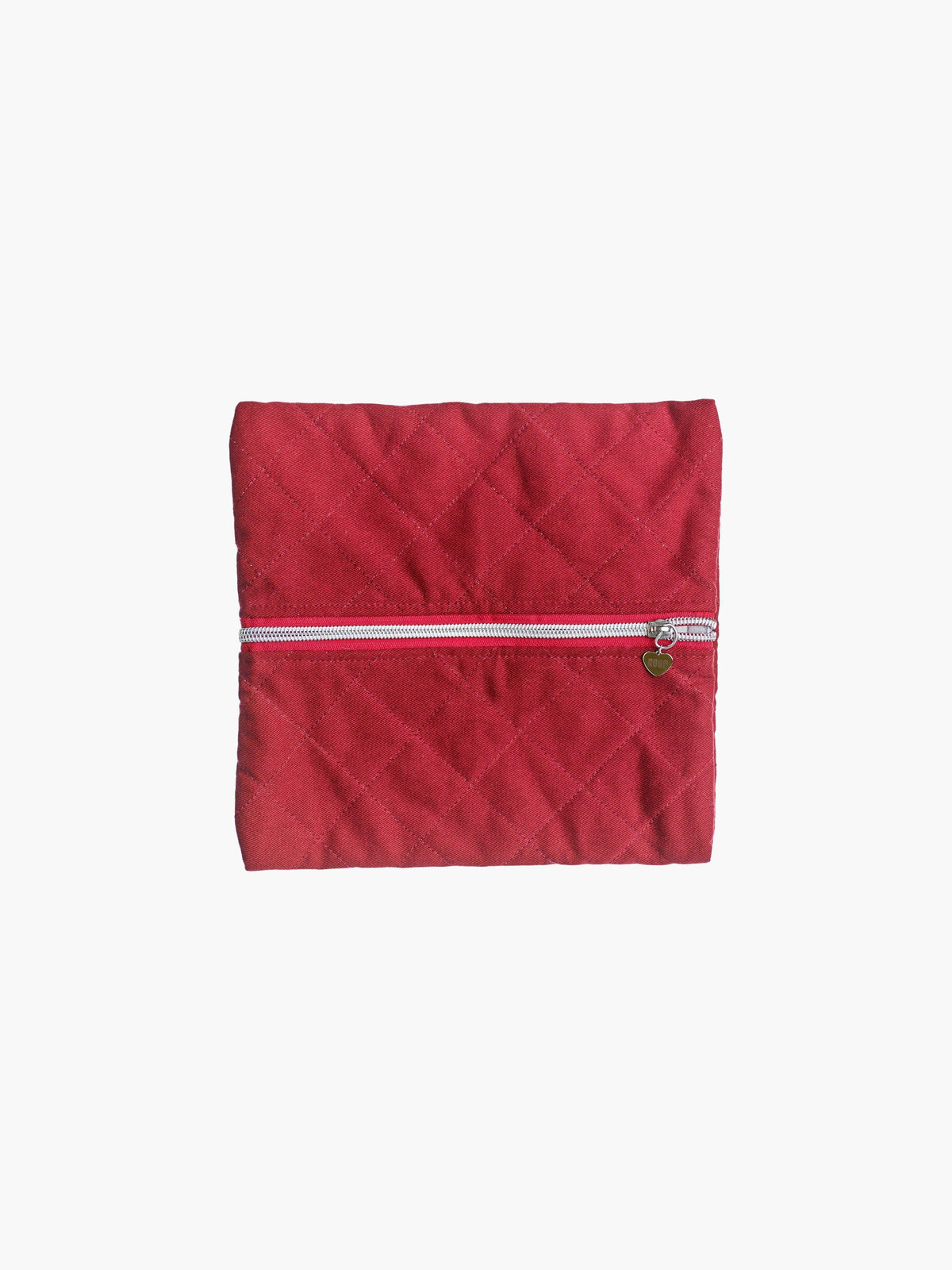 A quilted burgundy cotton zipper pouch, the zip has a heart charm on it. Set on a white background.