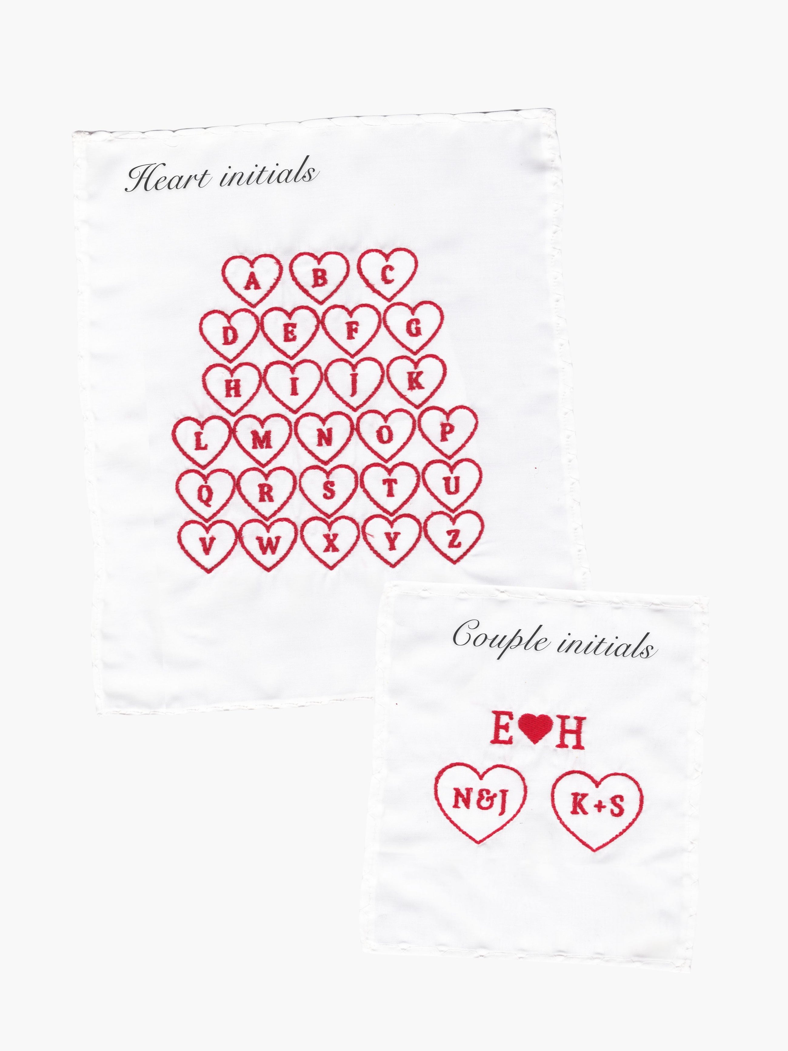 Sample charts of embroidered heart-shaped alphabet letters and couple initials on two pieces of fabric. On a white background.