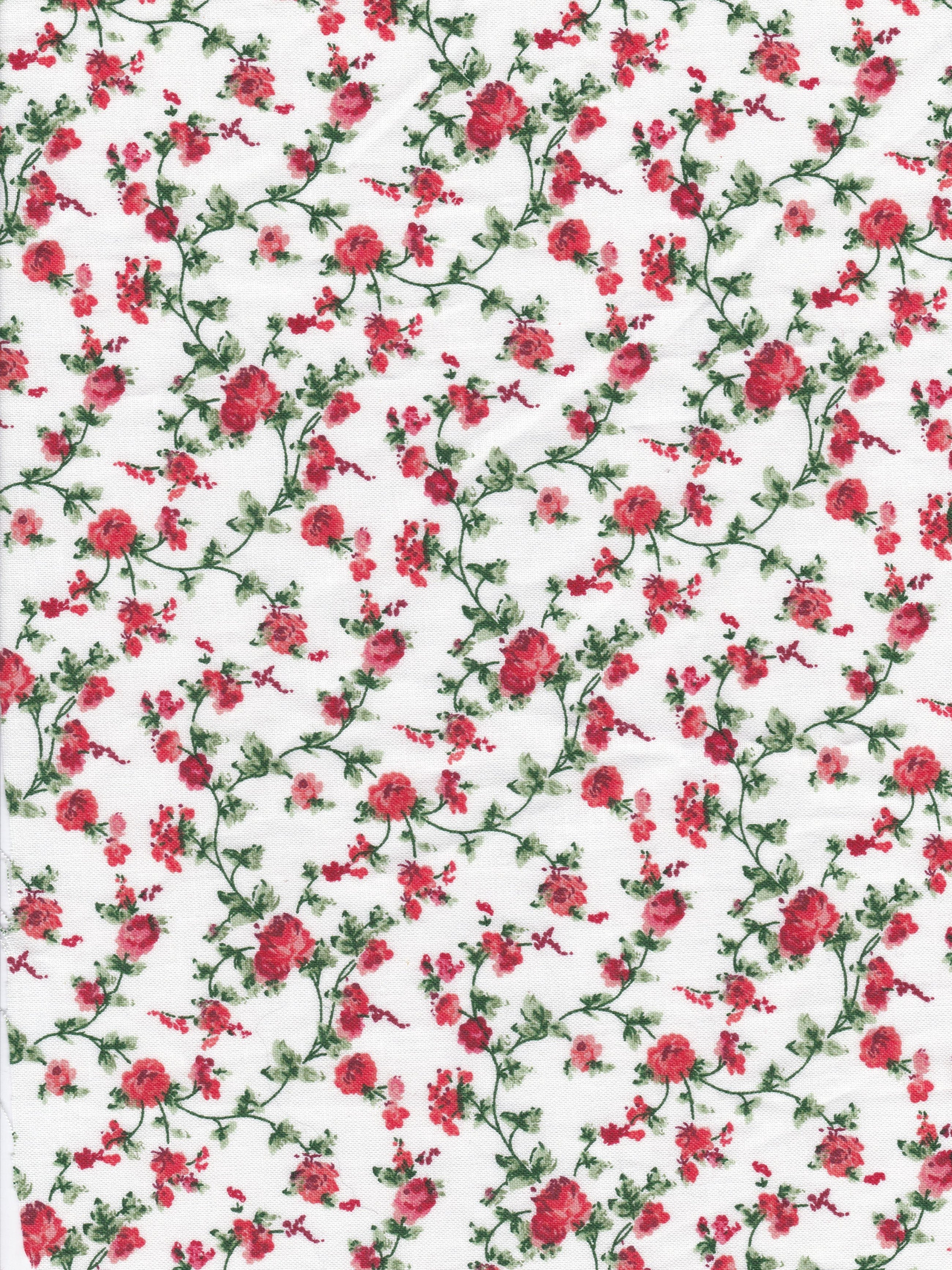 Floral pattern with red flowers and green leaves on a white background