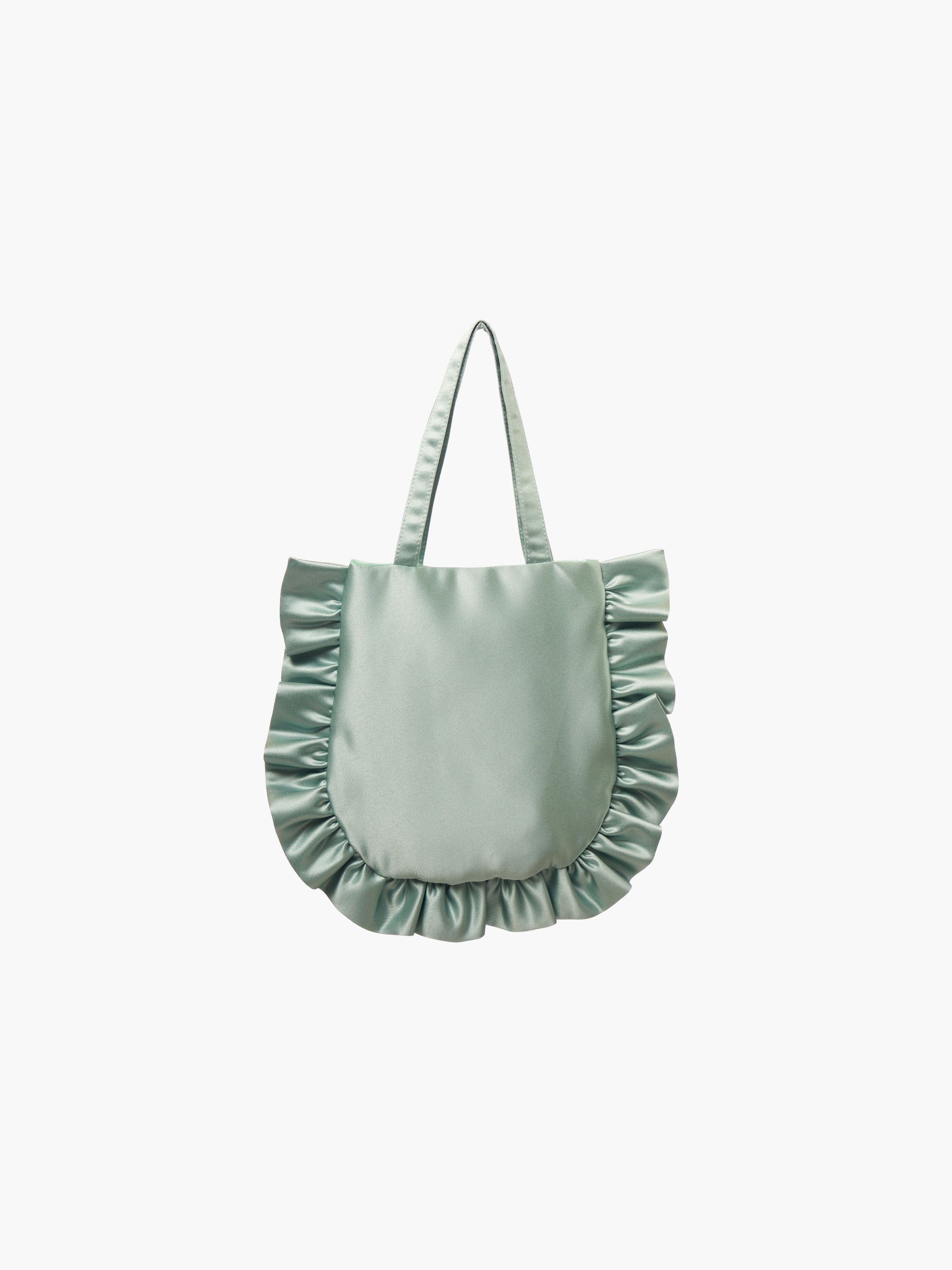 A sea green satin tote bag with ruffled edges on the sides and bottom. It features matching handles, set against a plain white background.