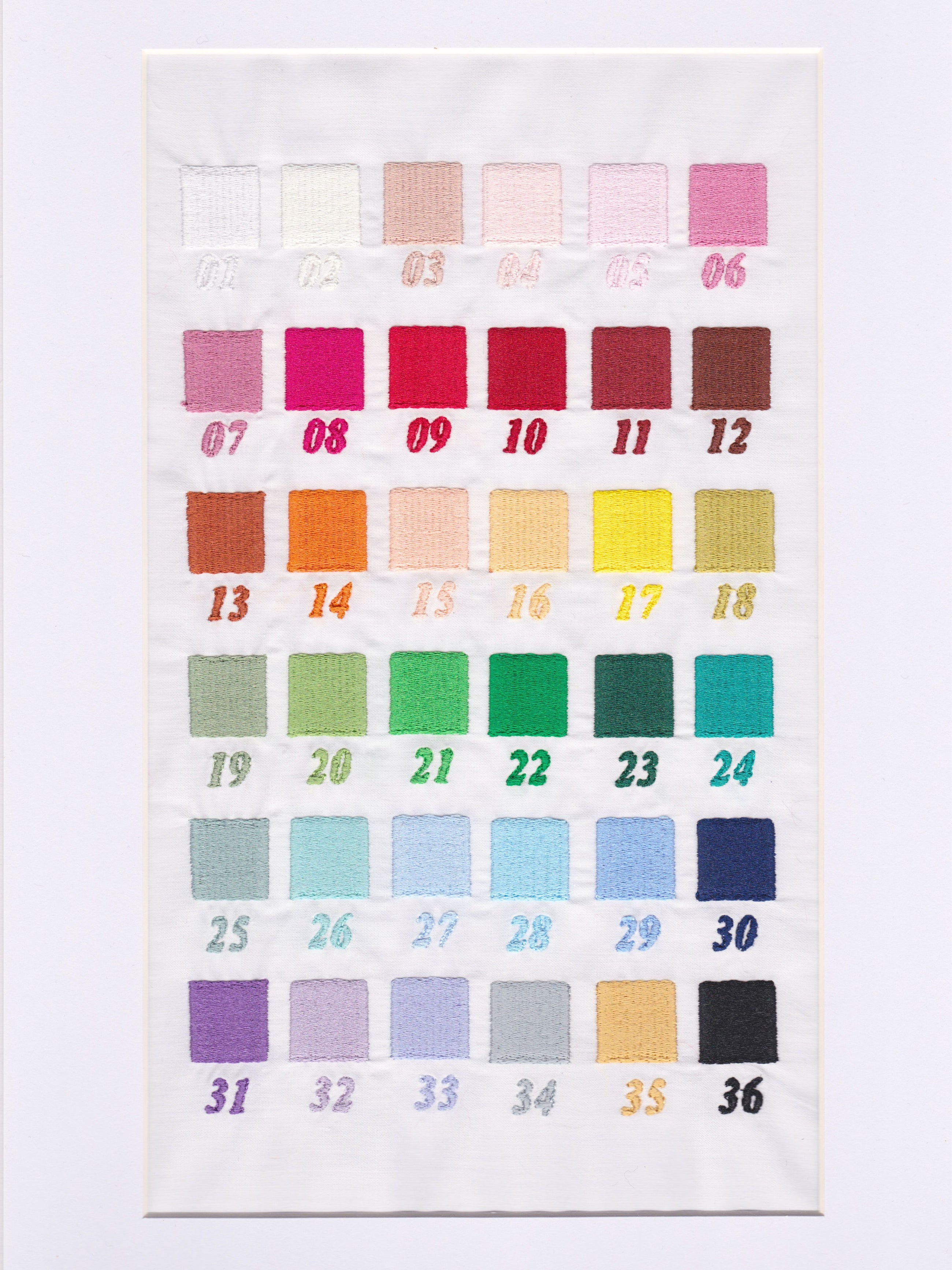 Color swatch chart with numbers on a white background