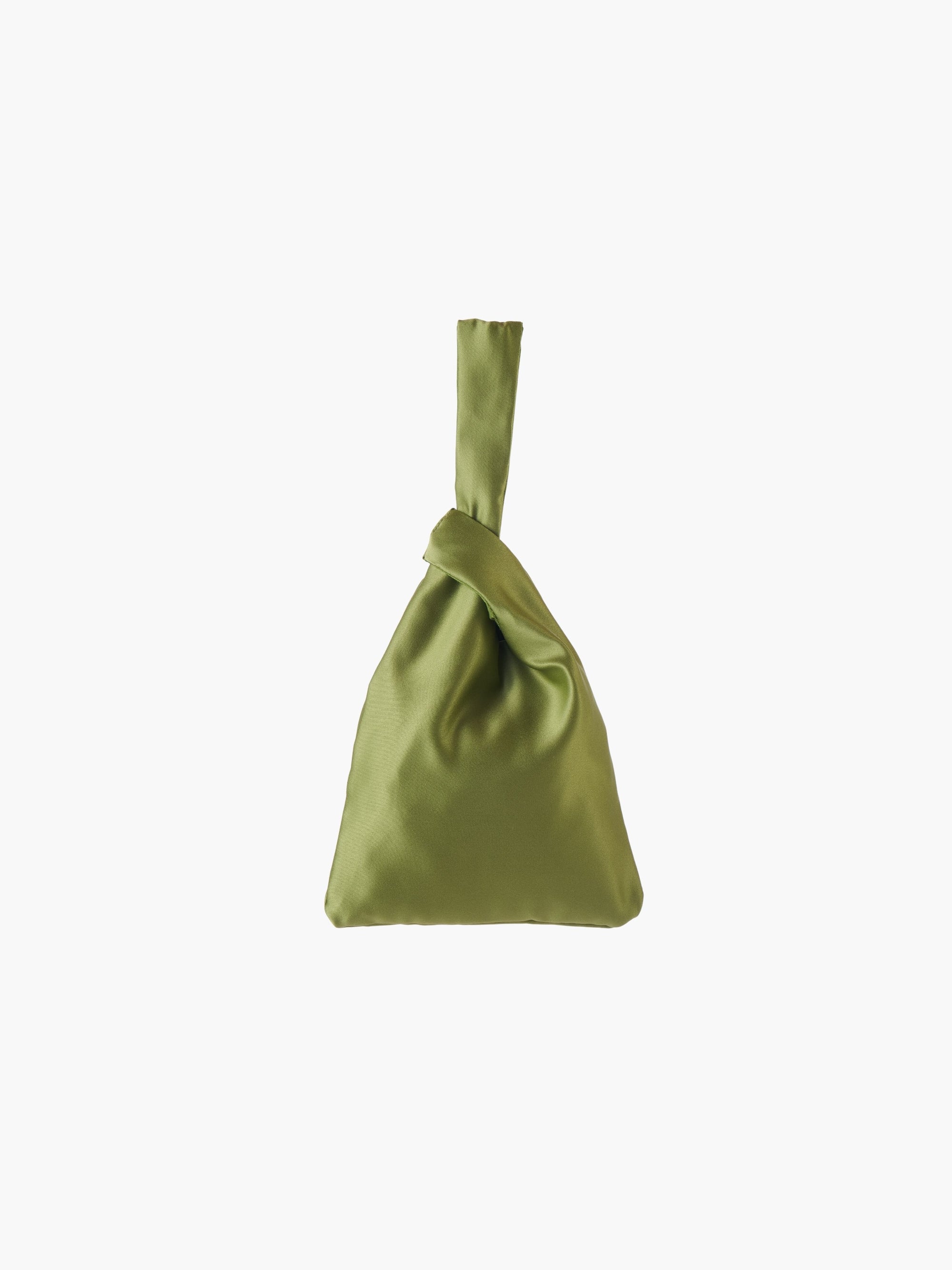 Green satin knot bag against a plain white background. The elegant bag has a twisted handle and sleek, glossy fabric, exuding a chic, minimalist style.