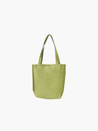 A green satin tote bag. It features matching handles, set against a plain white background.