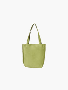 A green satin tote bag. It features matching handles, set against a plain white background.