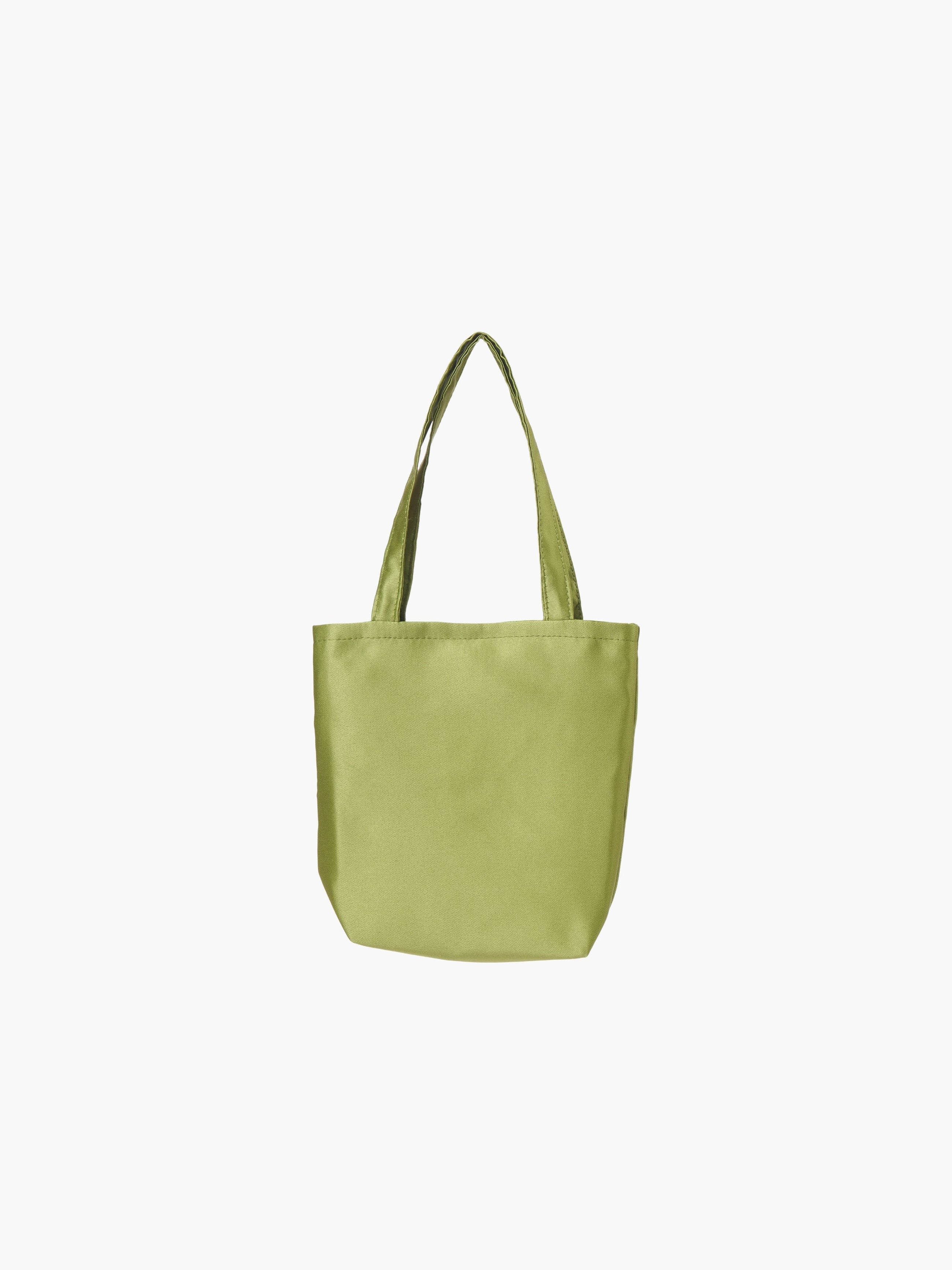 A green satin tote bag. It features matching handles, set against a plain white background.