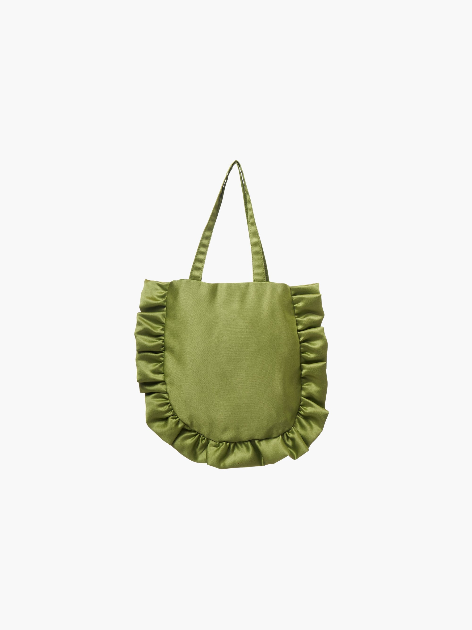 A green satin tote bag with ruffled edges on the sides and bottom. It features matching handles, set against a plain white background.