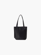 A black satin tote bag with. It features matching handles, set against a plain white background.