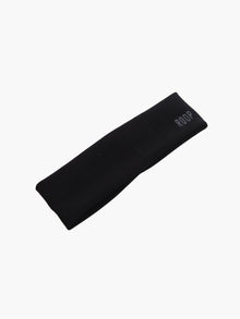 black stretch headband with ROOP embroidery on white background