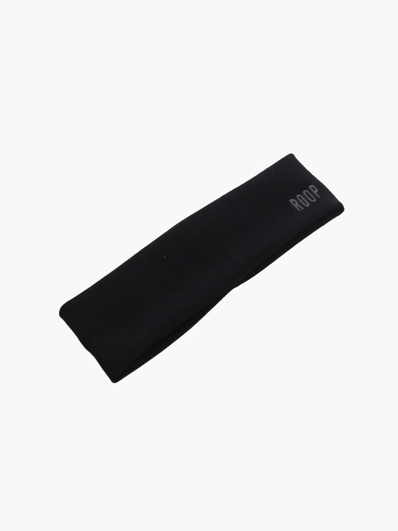 black stretch headband with ROOP embroidery on white background