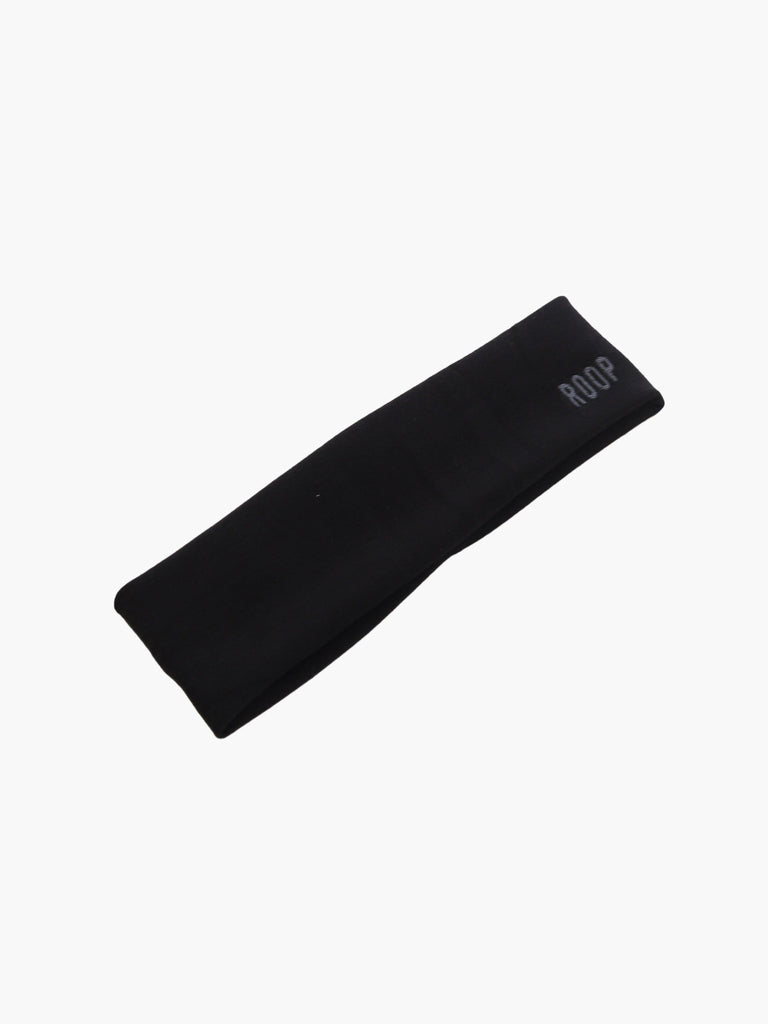 black stretch headband with ROOP embroidery on white background