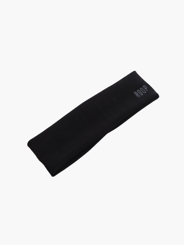 black stretch headband with ROOP embroidery on white background