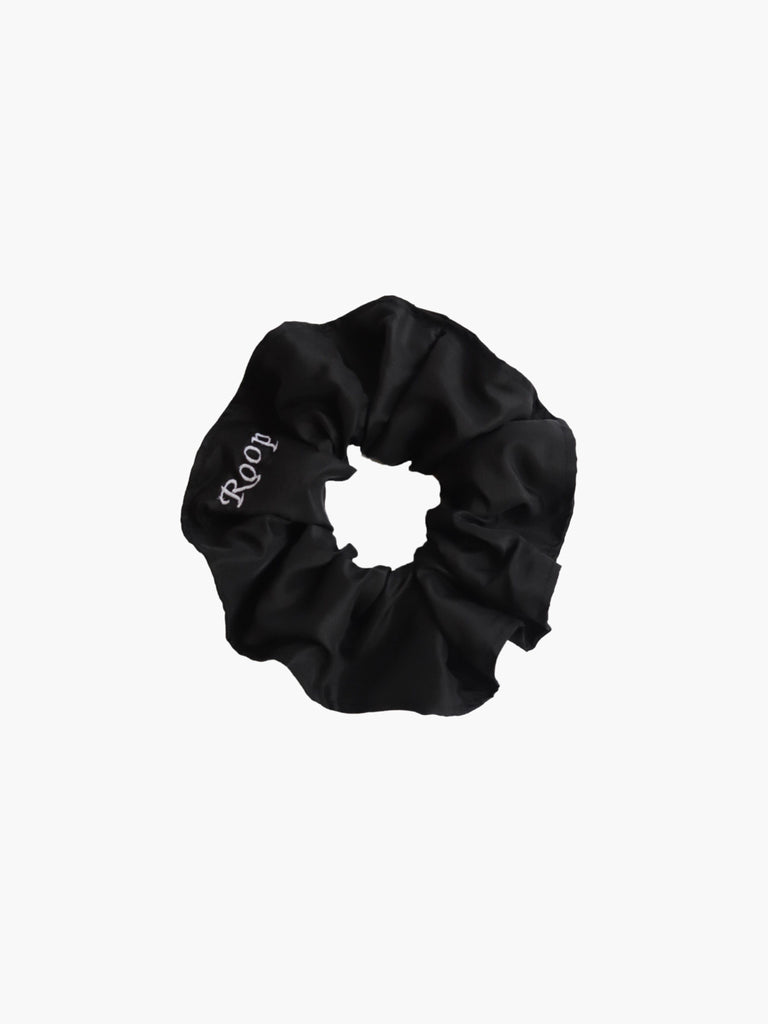 Black taffeta scrunchie with 'ROOP' branding on a white background