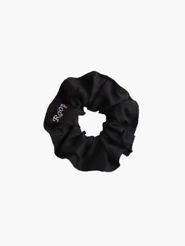 Black taffeta scrunchie with 'ROOP' branding on a white background