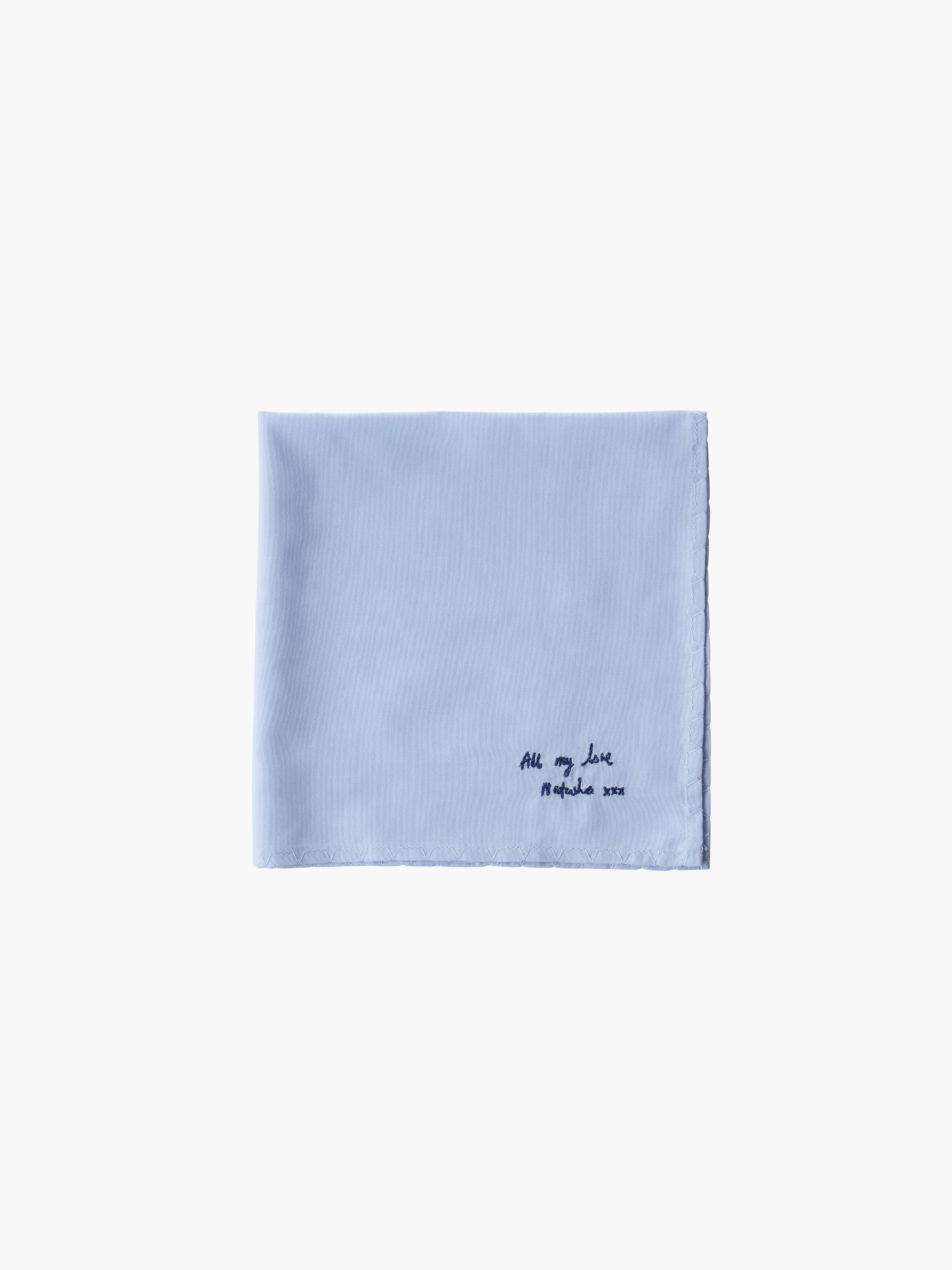 A blue cotton embroidered square handkerchief, embroidered with "all my love" in black.