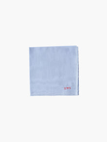 A blue cotton embroidered square handkerchief, embroidered with initials and a love heart in pink.