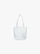 A light blue satin tote bag. It features matching handles, set against a plain white background.