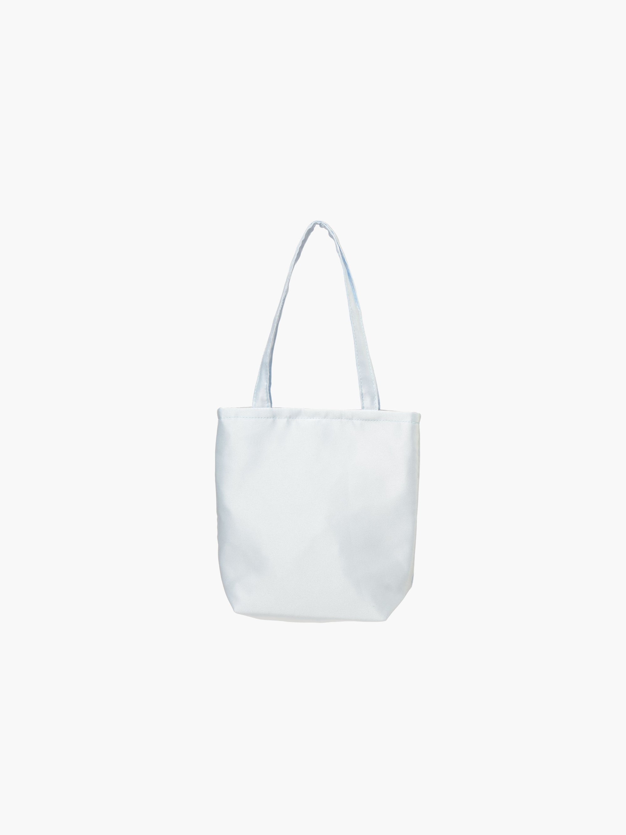 A light blue satin tote bag. It features matching handles, set against a plain white background.