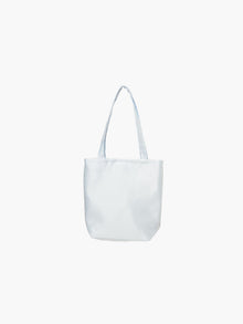 A light blue satin tote bag. It features matching handles, set against a plain white background.