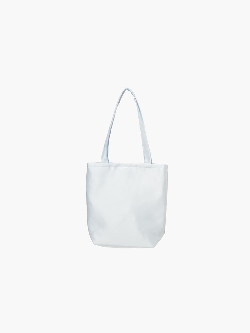 A light blue satin tote bag. It features matching handles, set against a plain white background.