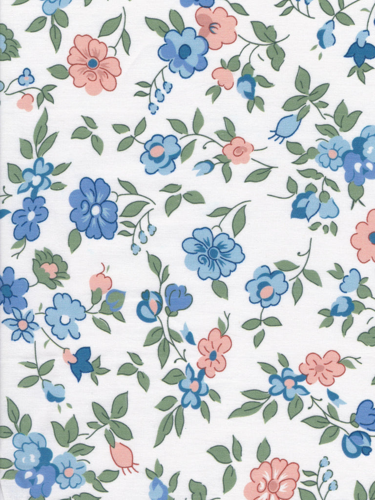 Floral pattern with blue, peach and green flowers on a white background