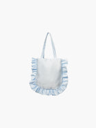 A light blue satin tote bag with ruffled edges on the sides and bottom. It features matching handles, set against a plain white background.