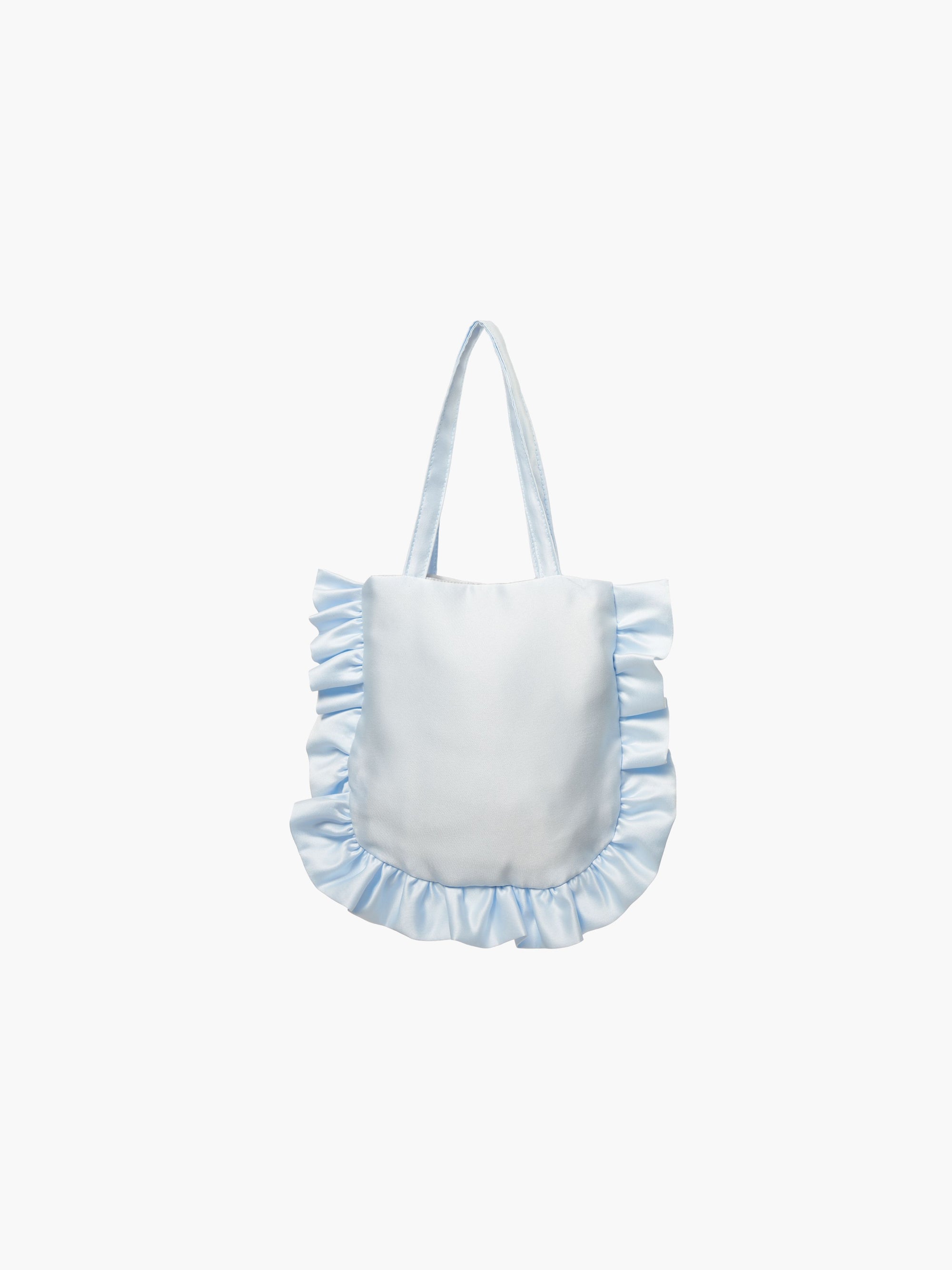 A light blue satin tote bag with ruffled edges on the sides and bottom. It features matching handles, set against a plain white background.