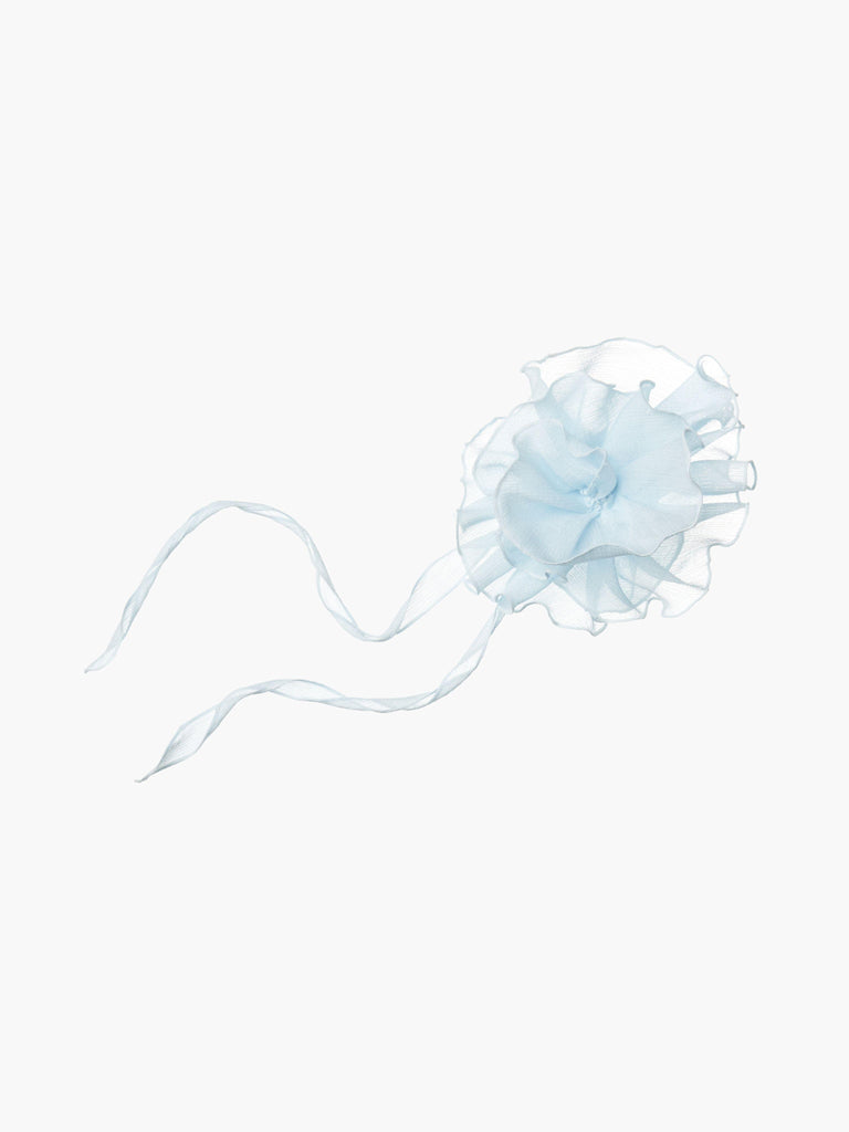 Baby blue floral chiffon corsage accessory with long tails, set on a white background