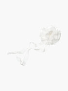White floral chiffon corsage accessory with long tails, set on a white background