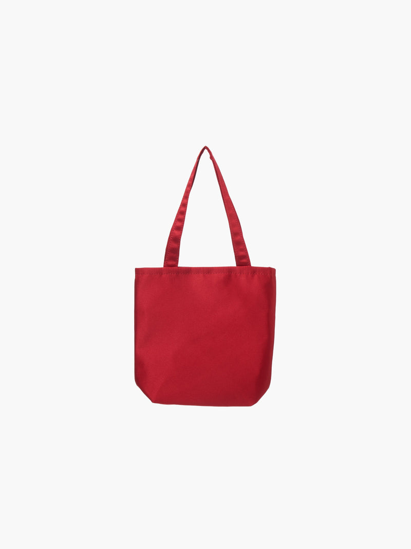 A burgundy satin tote bag with. It features matching handles, set against a plain white background.