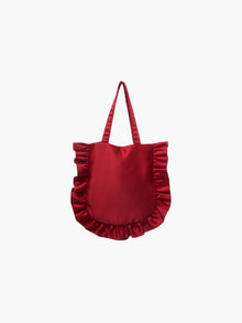 A burgundy satin tote bag with ruffled edges on the sides and bottom. It features matching handles, set against a plain white background.