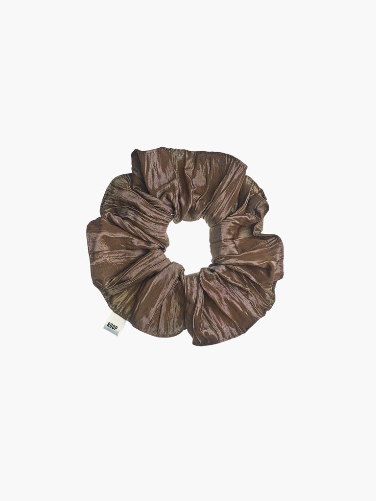 Brown crinkle taffeta scrunchie on a white background