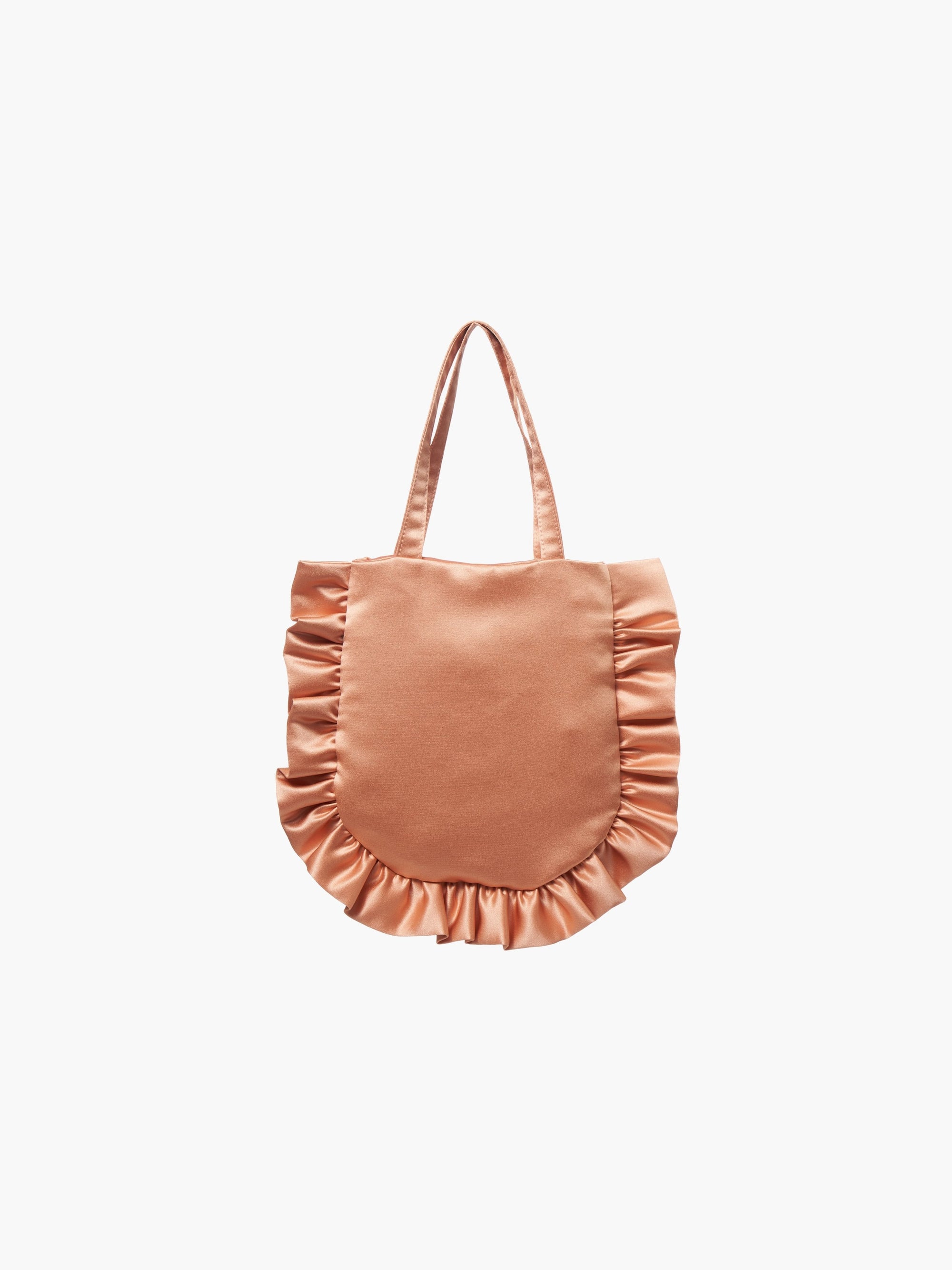 A rose gold satin tote bag with ruffled edges on the sides and bottom. It features matching handles, set against a plain white background.