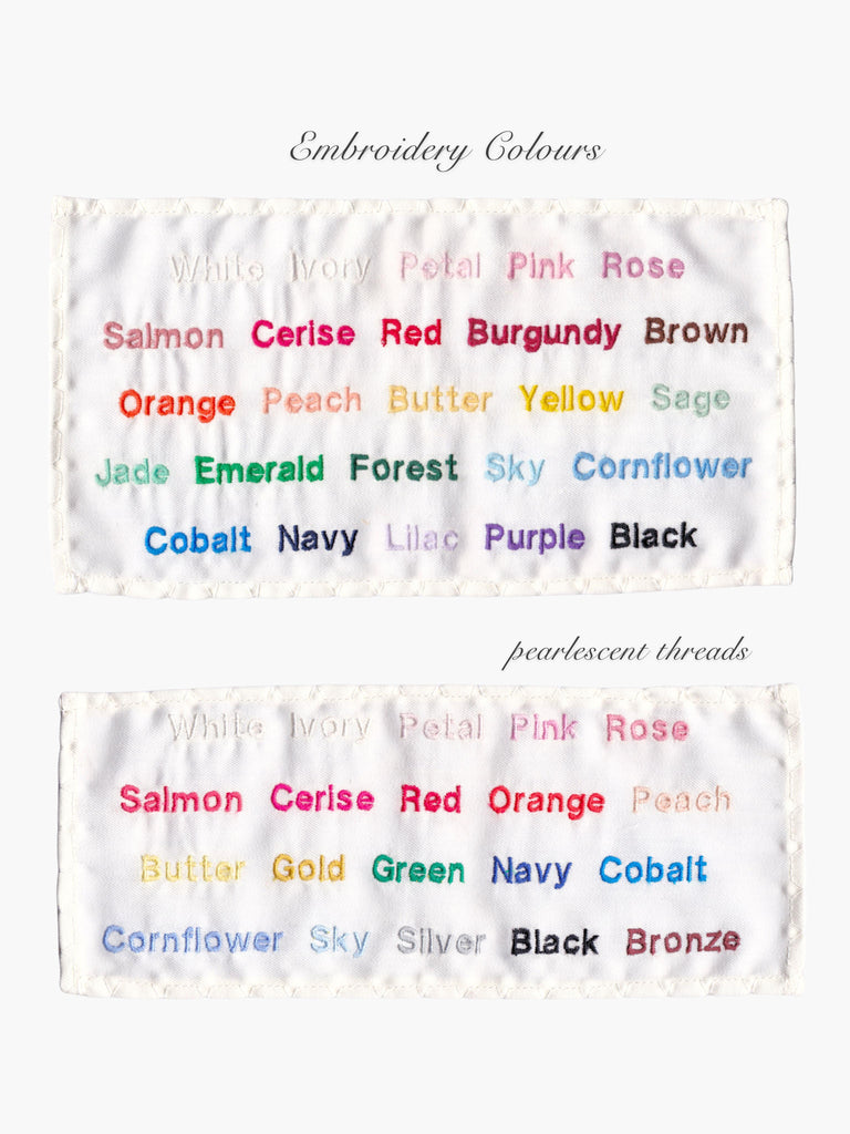 Color chart for embroidery threads with labeled colors on a white background.