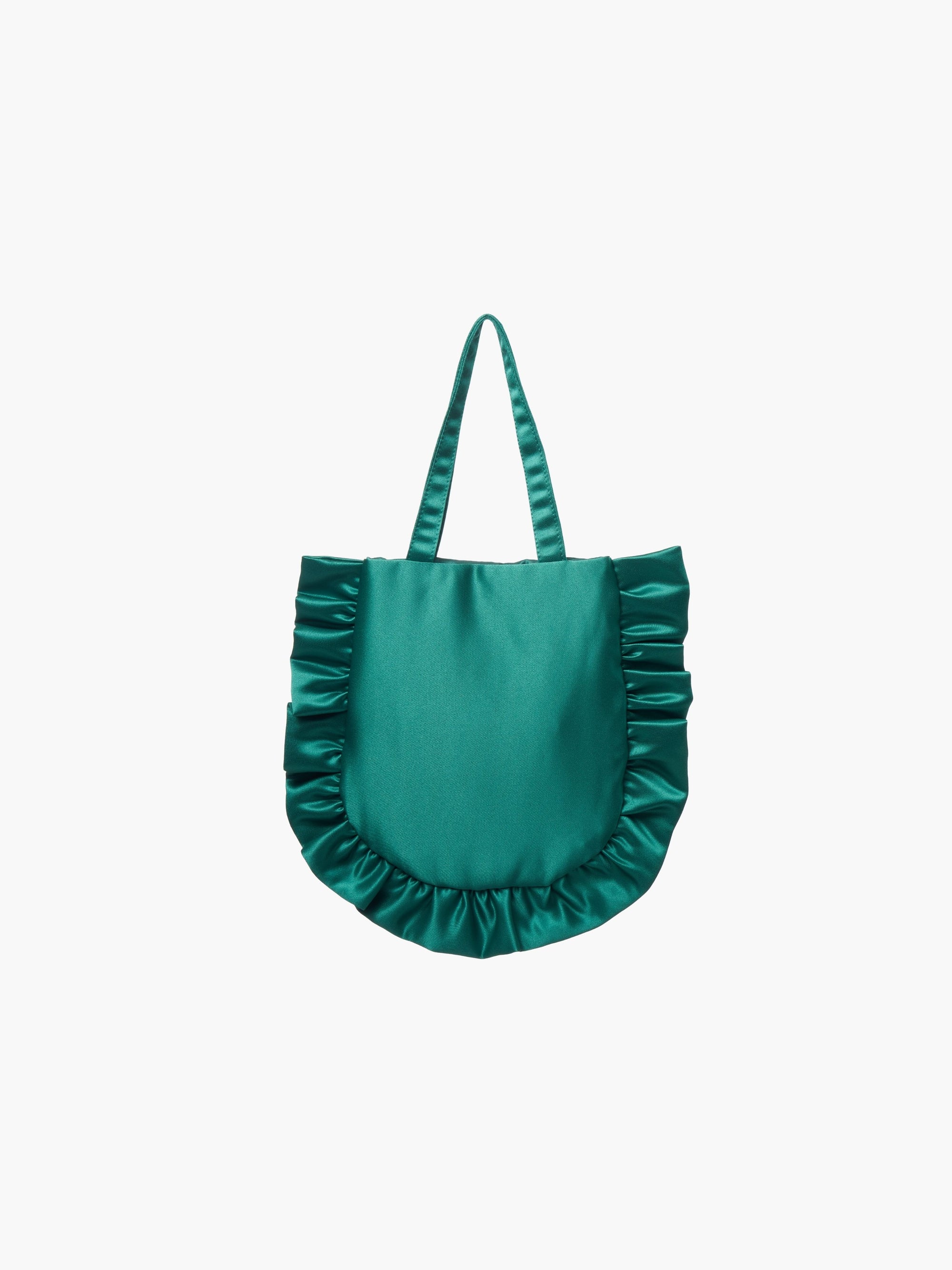 An emerald green satin tote bag with ruffled edges on the sides and bottom. It features matching handles, set against a plain white background.