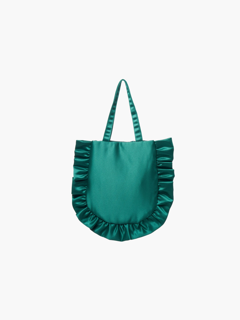 An emerald green satin tote bag with ruffled edges on the sides and bottom. It features matching handles, set against a plain white background.