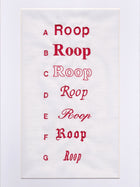 Sample chart of red embroidered fonts. A-G list of ROOP embroidered in different fonts. On a white background.