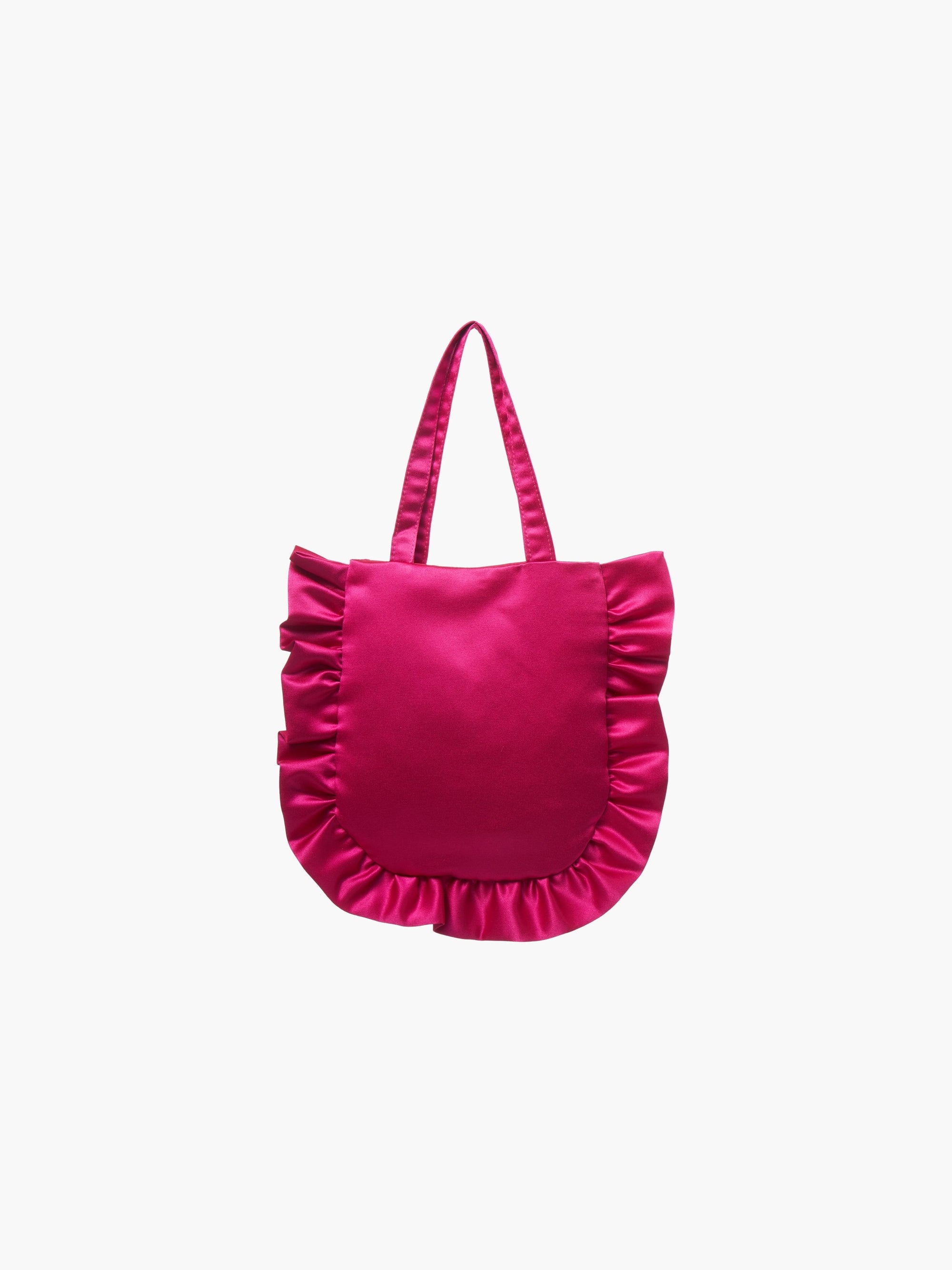 A fuchsia satin tote bag with ruffled edges on the sides and bottom. It features matching handles, set against a plain white background.