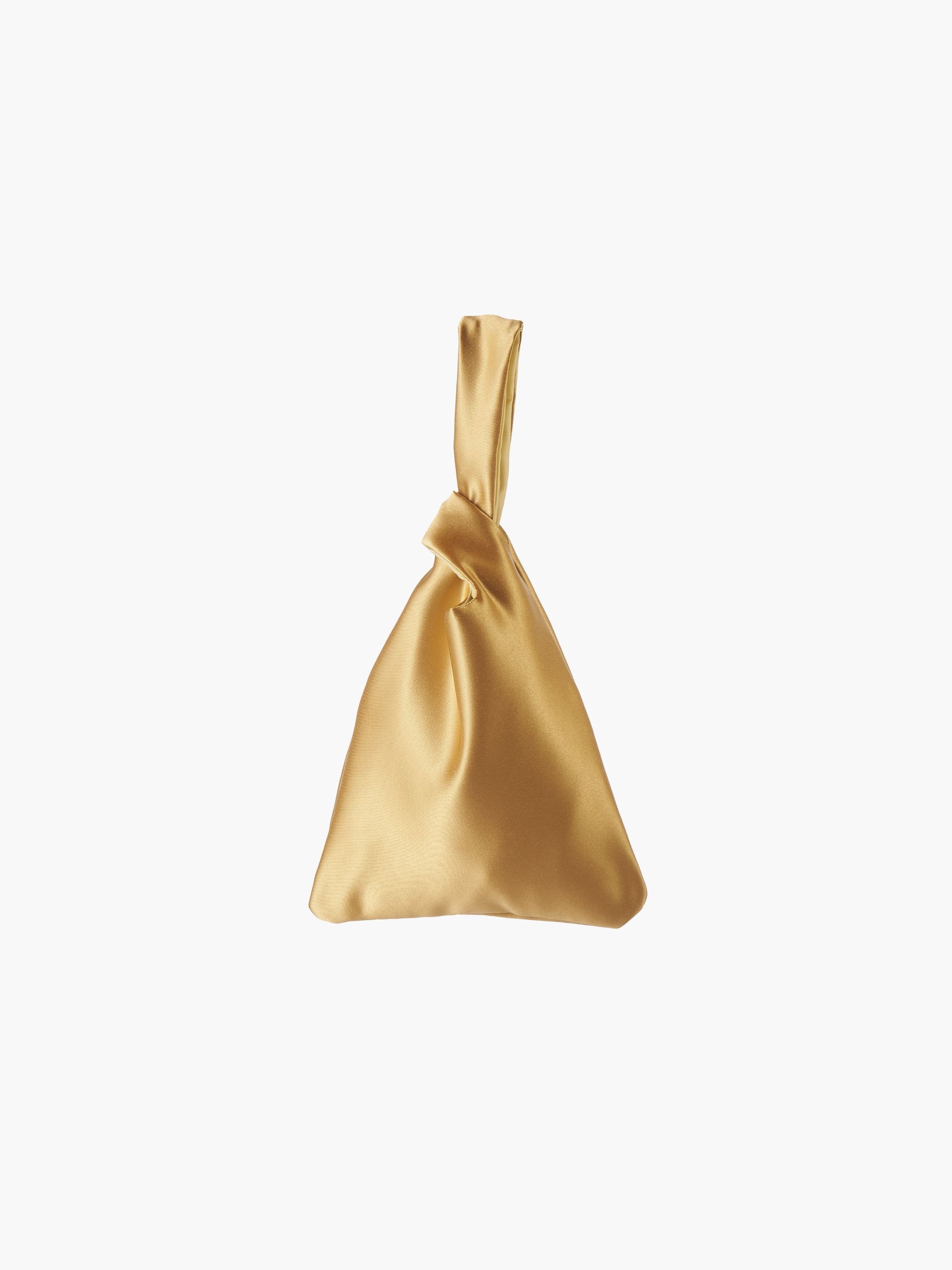 Gold satin knot bag against a plain white background. The elegant bag has a twisted handle and sleek, glossy fabric, exuding a chic, minimalist style.