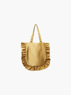 A gold satin tote bag with ruffled edges on the sides and bottom. It features matching handles, set against a plain white background.
