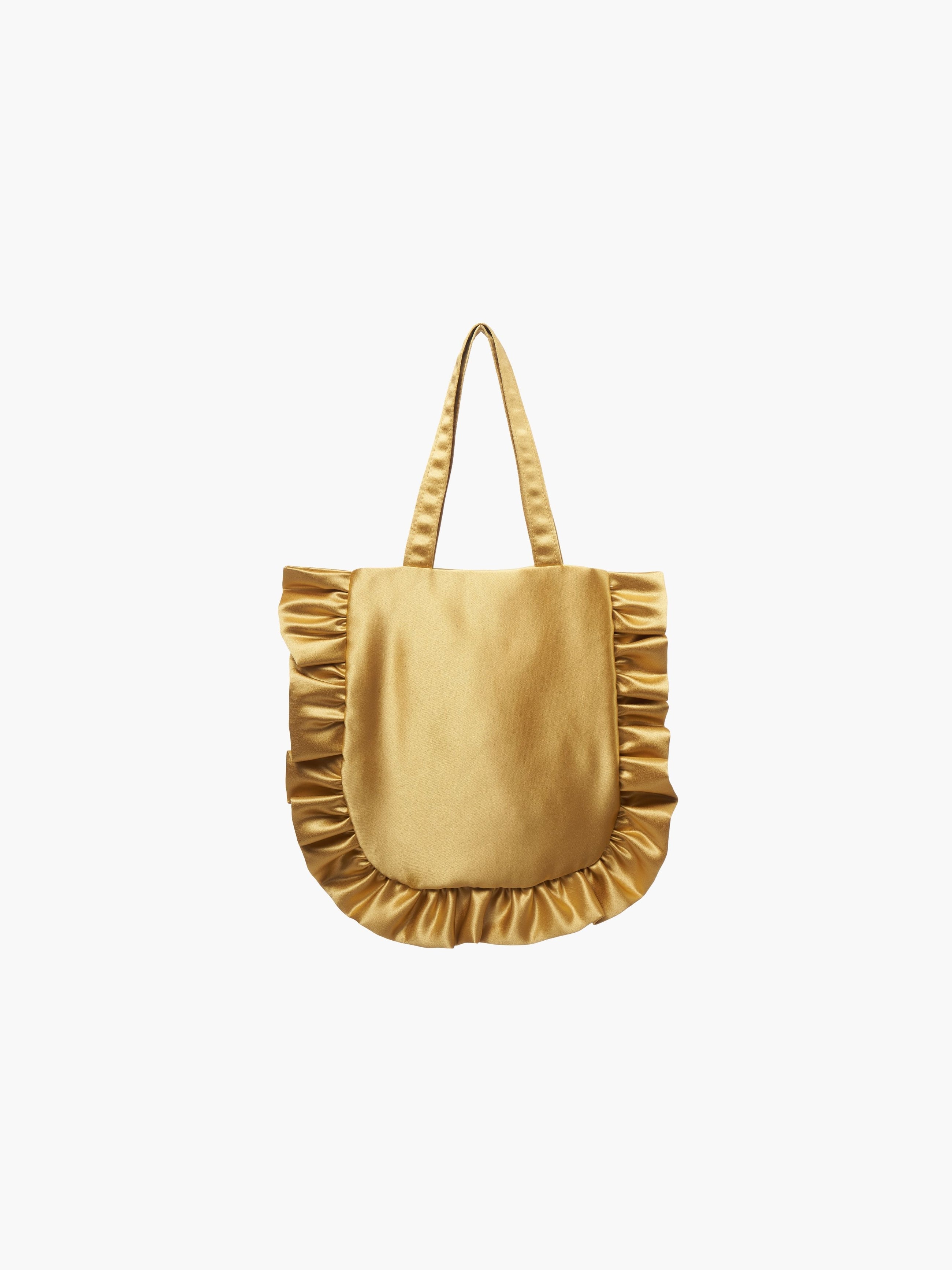 A gold satin tote bag with ruffled edges on the sides and bottom. It features matching handles, set against a plain white background.
