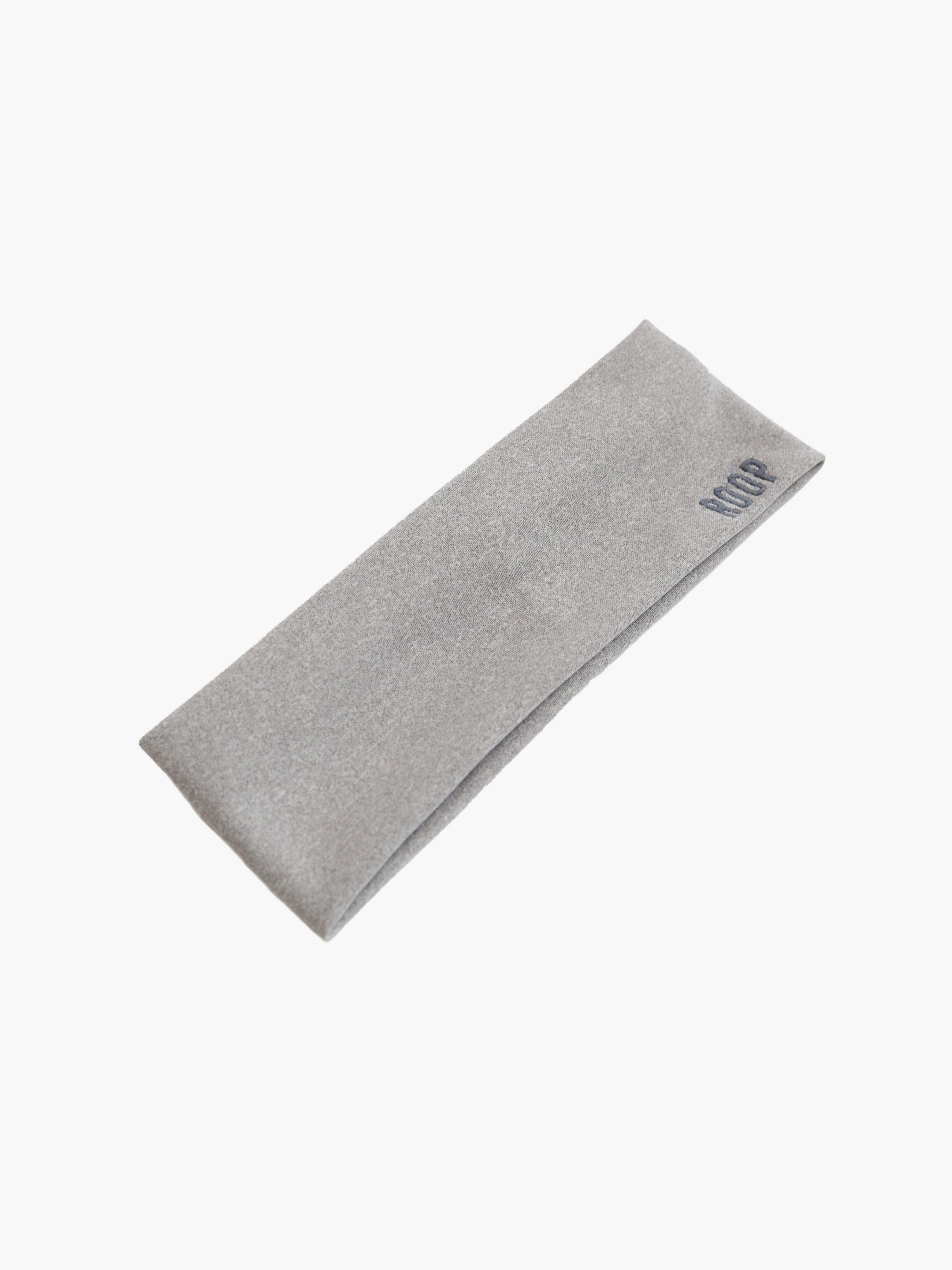 Grey stretch headband with a ROOP logo on a white background