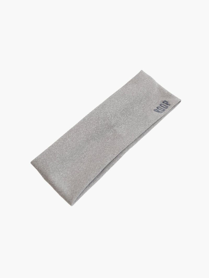 Grey stretch headband with a ROOP logo on a white background
