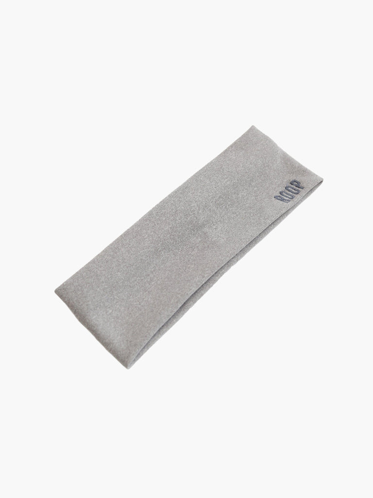 Grey stretch headband with a ROOP logo on a white background