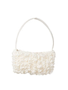 Ivory bamboo silk satin textured ruched front handbag. Set on a white background.