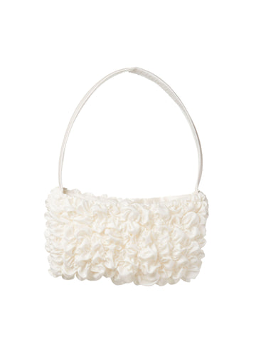 Ivory bamboo silk satin textured ruched front handbag. Set on a white background.
