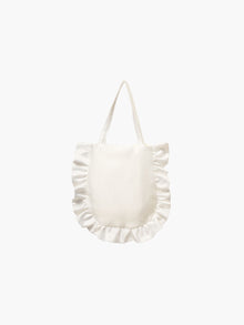 An ivory satin tote bag with ruffled edges on the sides and bottom. It features matching handles, set against a plain white background.