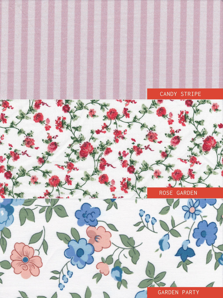 cotton lining options including pink candy stripe, red and white rose garden and blue peach and green floral garden party. 