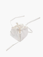 Ivory satin box drawstring handbag with ribbon drawstring details, open to reveal interior, set on a white background